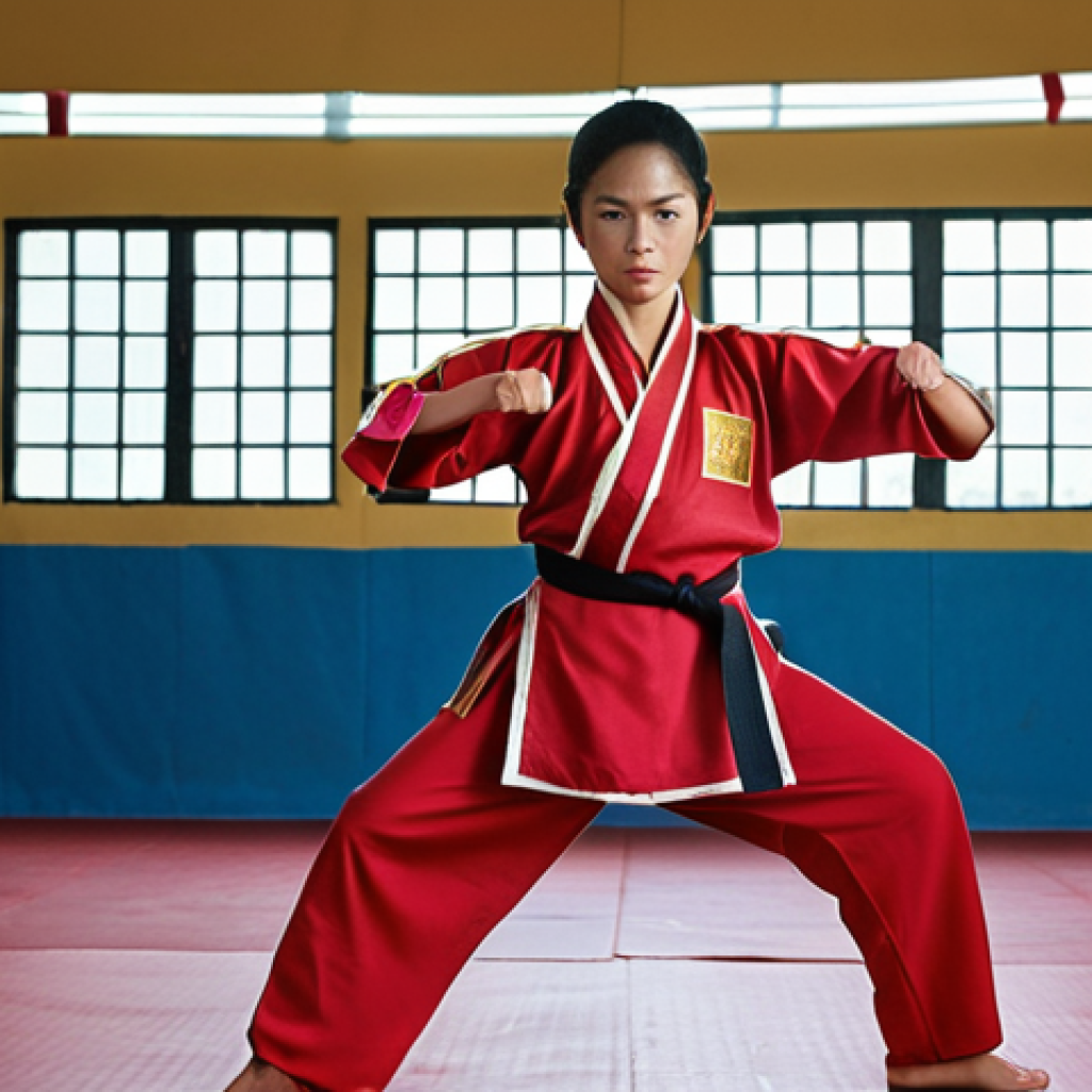 **

A determined martial artist in training, wearing traditional Vietnamese võ phục (martial arts uniform). Focus on the protective aspect: perhaps a faint, glowing shield-like aura surrounds them, representing the security of martial arts insurance. Background: A modern Vietnamese gym or dojo.

**