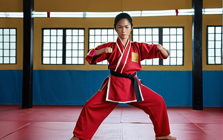 **

A determined martial artist in training, wearing traditional Vietnamese võ phục (martial arts uniform). Focus on the protective aspect: perhaps a faint, glowing shield-like aura surrounds them, representing the security of martial arts insurance. Background: A modern Vietnamese gym or dojo.

**