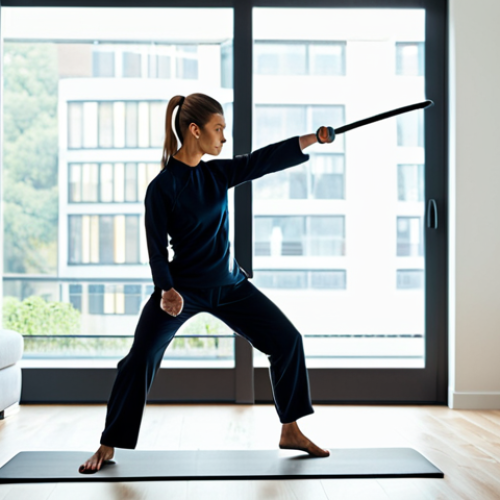 Home 6 A focused adult woman in a modest, professional athletic outfit, practicing a martial arts kick in a well-lit, modern living room. On a sleek tablet stand nearby, a mobile app interface displays real-time 3D motion analysis, with subtle glowing lines indicating correct body posture and immediate feedback. The room is clean and minimalist, with a large window allowing natural light to fill the space.