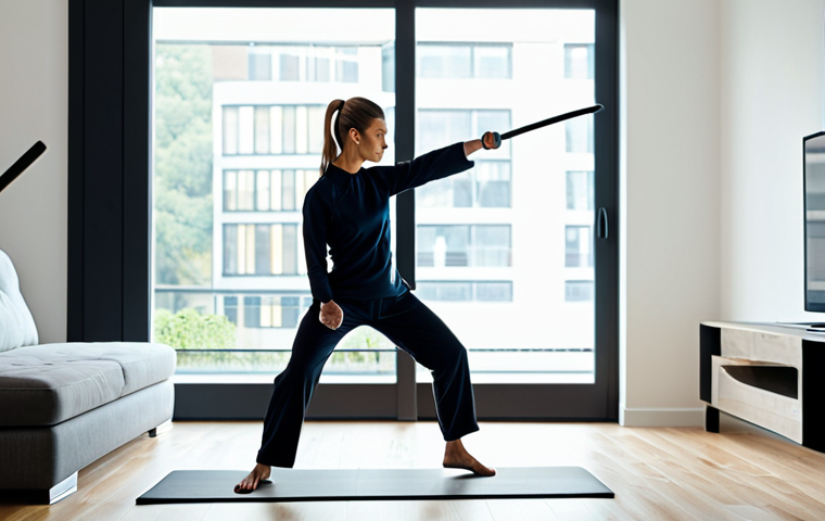 A focused adult woman in a modest, professional athletic outfit, practicing a martial arts kick in a well-lit, modern living room. On a sleek tablet stand nearby, a mobile app interface displays real-time 3D motion analysis, with subtle glowing lines indicating correct body posture and immediate feedback. The room is clean and minimalist, with a large window allowing natural light to fill the space.